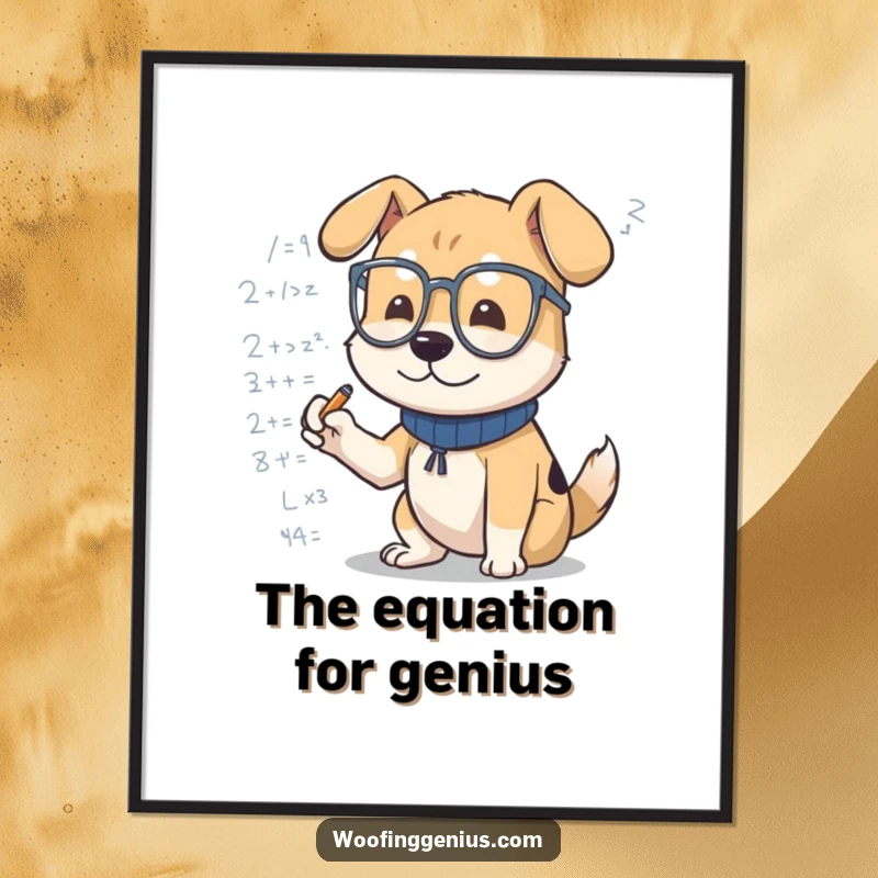 Funny dog poster illustrating a dog wearing spectacles, diligently scribbling complex mathematical formulas. Academic humor.