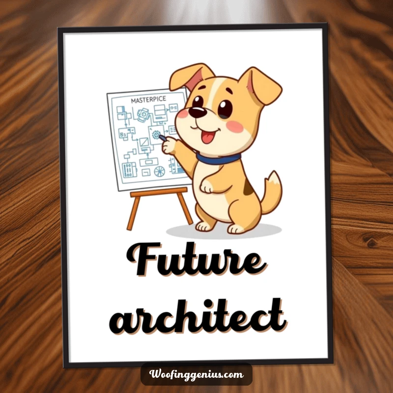 Funny dog blueprint poster, a dog pointing excitedly at a detailed blueprint with a wagging tail, perfect wall art.