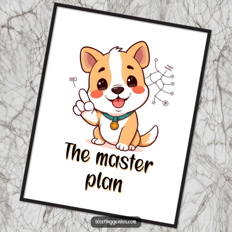 Funny dog character smiling and pointing to a complex diagram, perfect for articulate humor in wall decor.