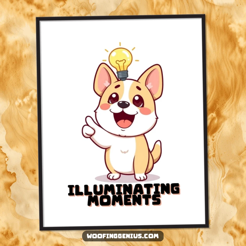 Funny Dog Poster displaying a dog with a lightbulb above its head, excitedly pointing, symbolizing intelligence and happy discovery.