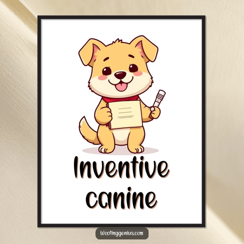 Funny dog with a diploma and a lightbulb above its head, showcasing a complex invention, motivational wall art.