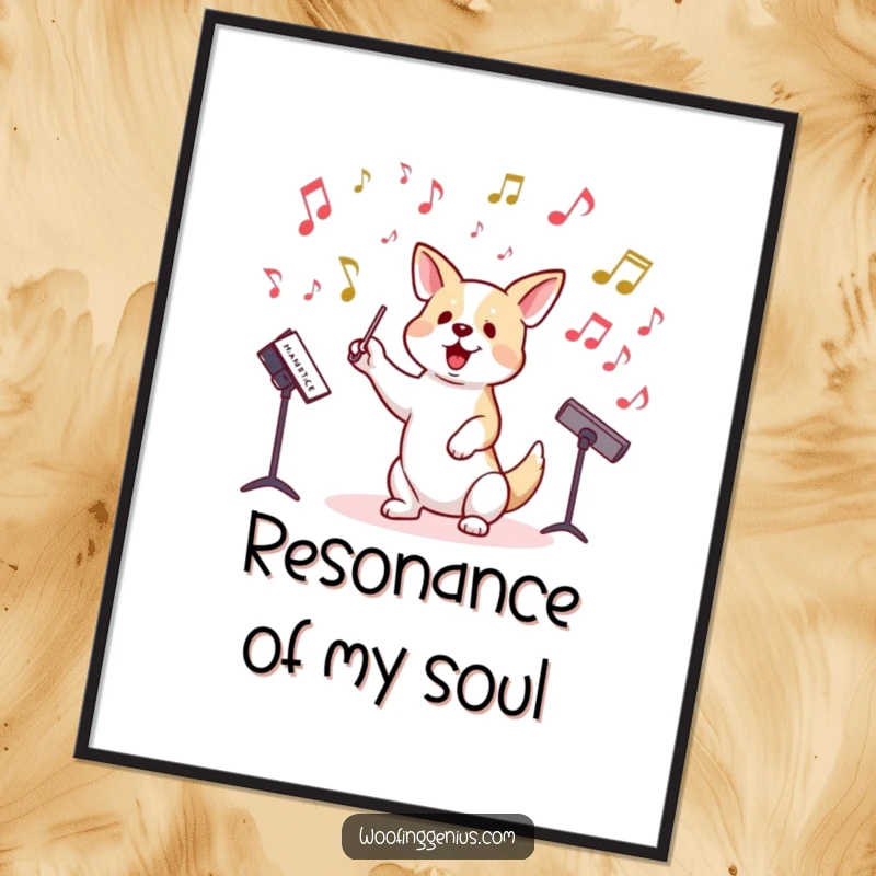 Funny poster showing a dog energetically conducting musical notes, a charismatic maestro.