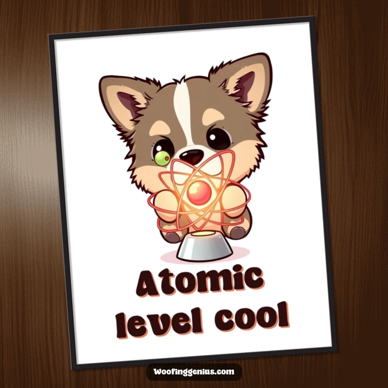 Funny poster of a dog curiously examining a detailed model of a spinning atom.