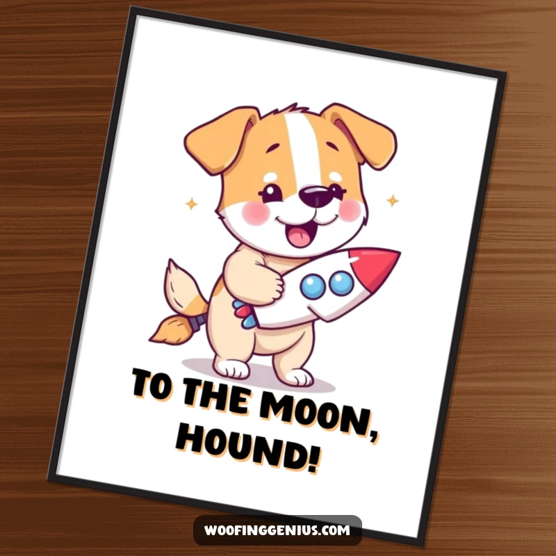 Funny dog poster showing a dog with a eureka expression holding a miniature rocket ship.