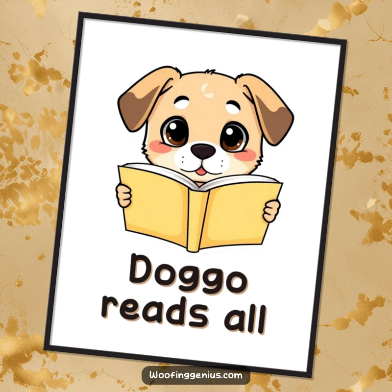 Funny poster: a dog showcasing enlightened understanding while reading a book, its eyes wide with intellectual revelation.