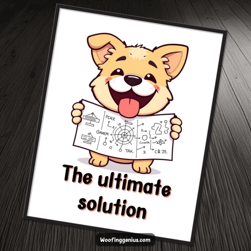 Funny dog poster depicting a dog with a triumphant grin, holding a complex diagram. Celebrates intelligence and success.