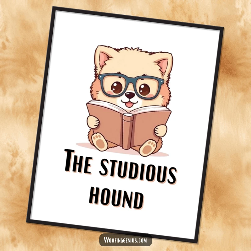 Funny art poster of a fluffy dog wearing oversized glasses, intently reading a large book.
