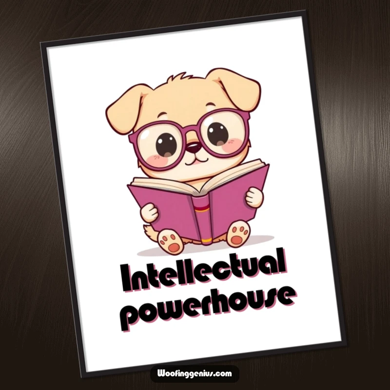 Funny Kawaii dog with spectacles engrossed in a book, a humorous and artistic poster perfect for adding personality and laughs to any room.