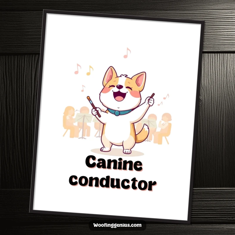 Funny maestro dog poster: a joyful dog conducts an invisible orchestra with a tiny baton, embodying musical passion and fun.