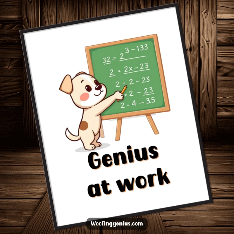 Funny poster artwork of a dog pointing with intent at a blackboard densely populated with challenging mathematical equations and symbols.