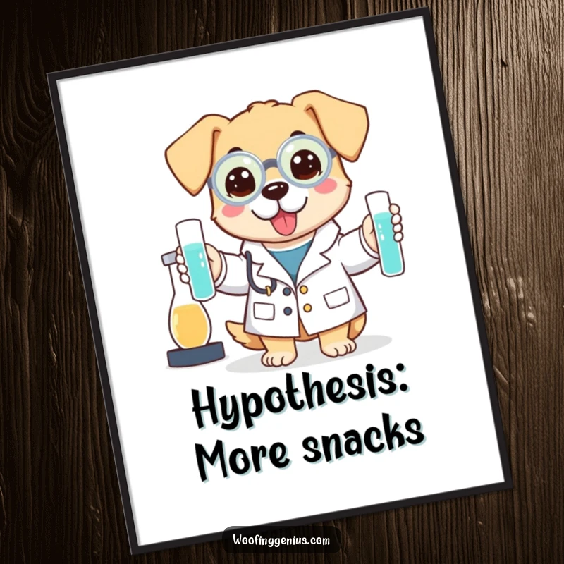 Funny poster showing a dog wearing a lab coat and holding test tubes, looking like a scientist.