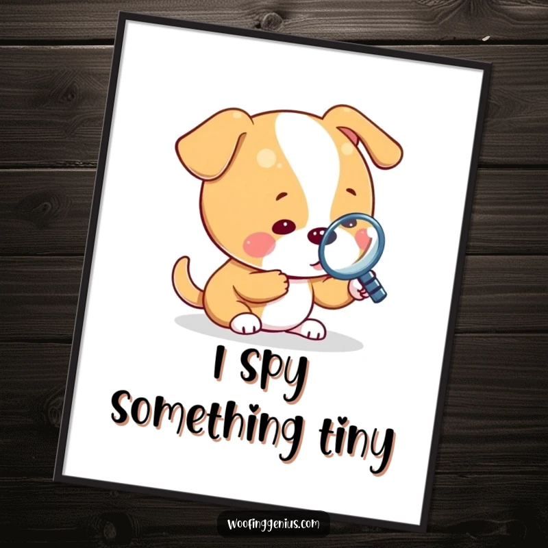 Funny poster of a dog holding a magnifying glass, intensely examining a very small object with a look of deep concentration.
