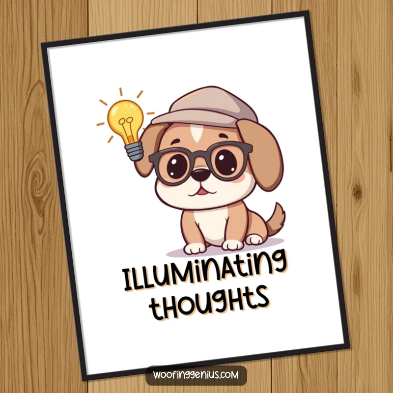 Funny poster art of a dog wearing glasses and a thinking cap, with a lit lightbulb above its head, representing intellect and innovation.