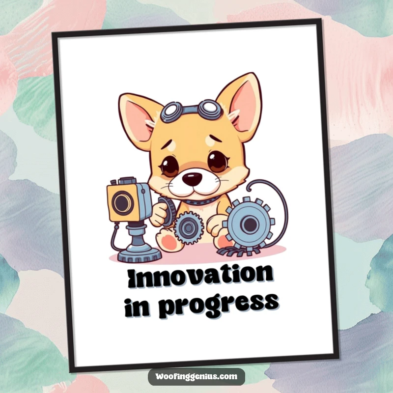 Funny poster showing a highly focused dog intensely working with gears, wires, and tools.