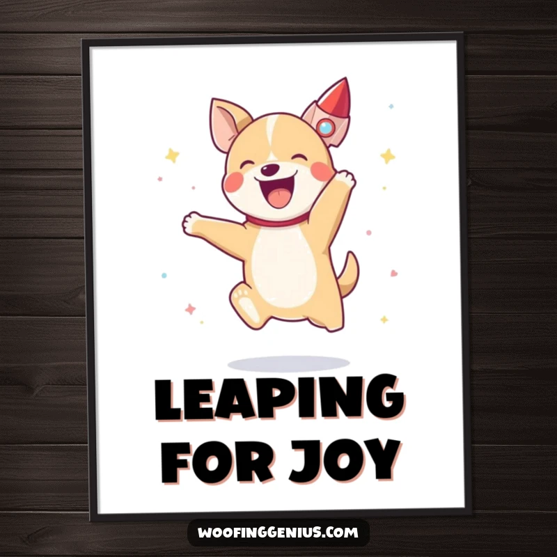 Funny dog leaping with pure exhilaration, a small rocket ship taking flight against a starry backdrop.