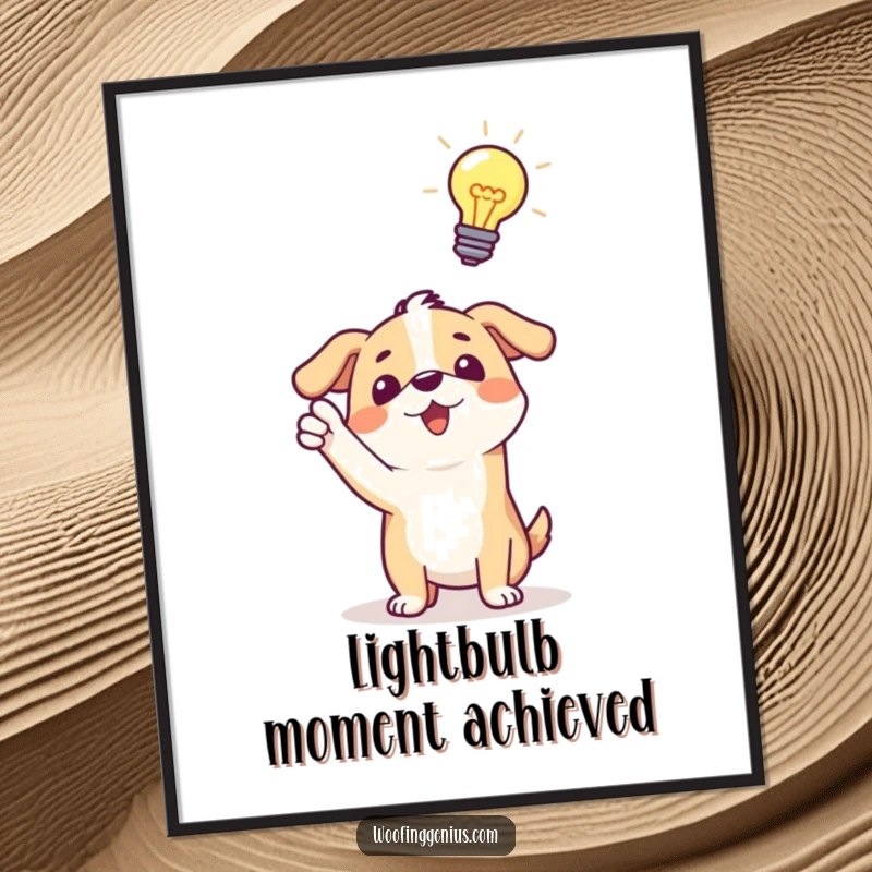 Funny poster: a dog excitedly pointing towards a radiant lightbulb above its head, depicting a sudden burst of genius.