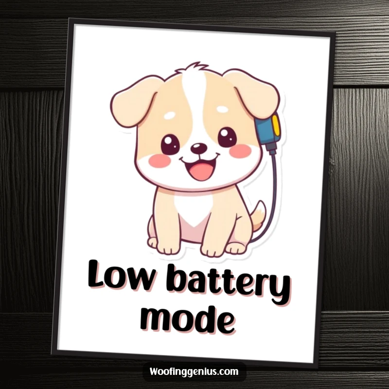 Funny Kawaii Dog Poster: Playful character plugging a charger into its head, bringing a dose of funny and relatable art to any room.