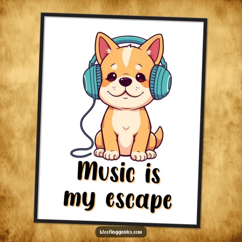 Funny dog wearing headphones, intensely listening to music, depicted on a vibrant and artistic poster.