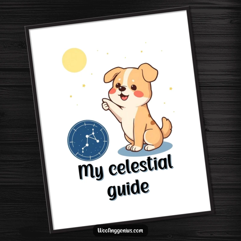 Funny poster of a dramatic dog pointing a paw at a detailed constellation on a star chart, gazing skyward with intensity.