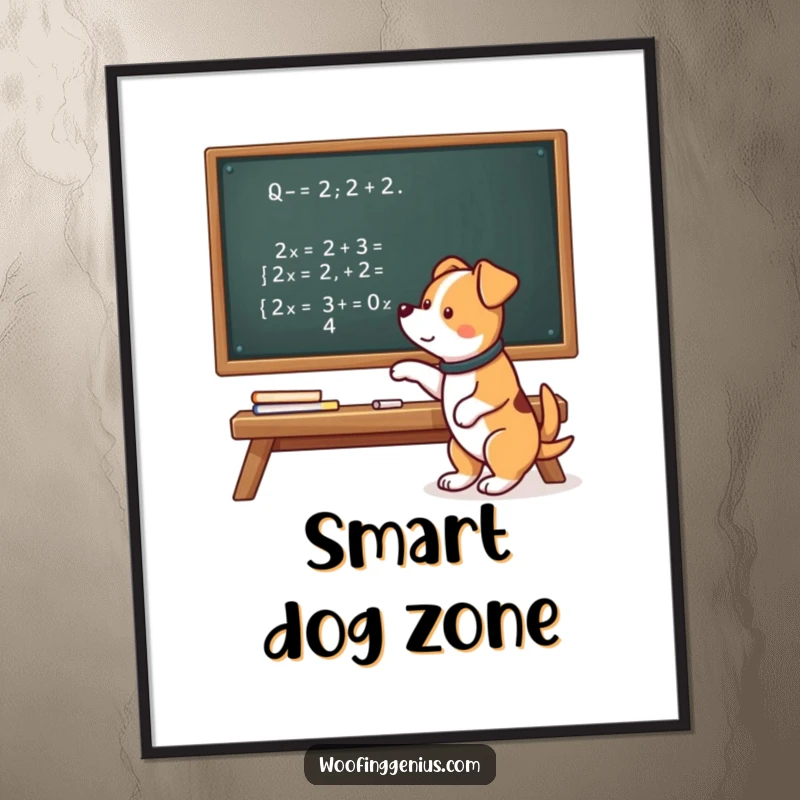 Funny poster of an intelligent dog pointing at a complex mathematical equation written on a chalkboard, highlighting intellect.