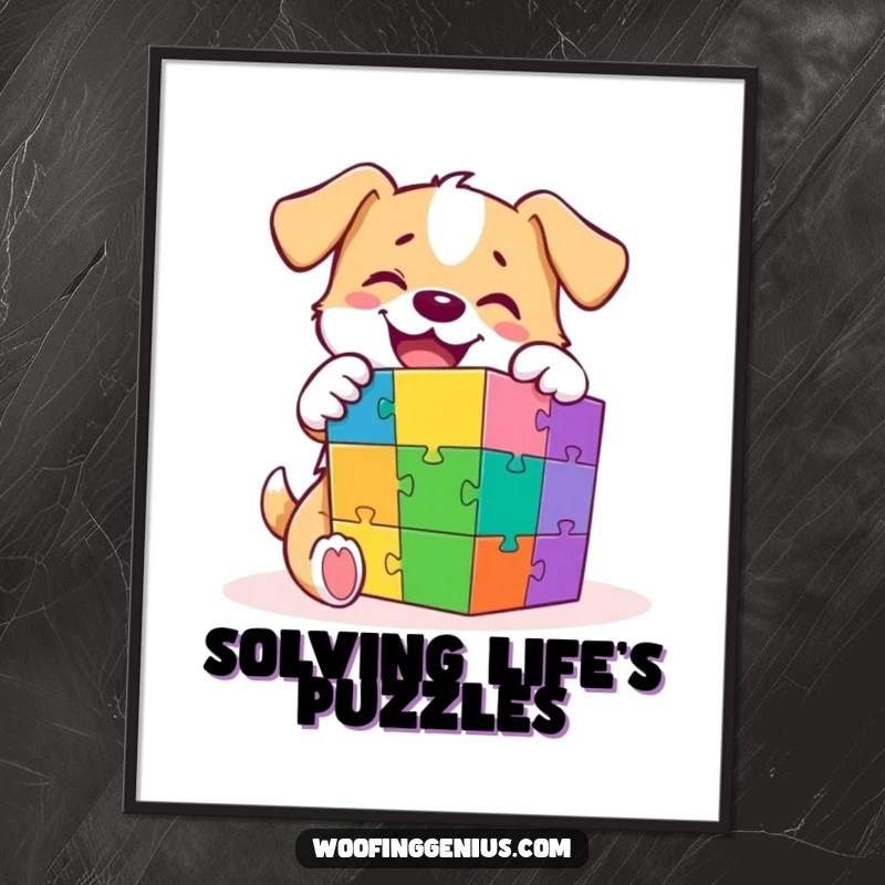 Funny poster of a happy dog triumphantly solving a multi-colored puzzle cube, portraying a high level of cognitive skill and delight.