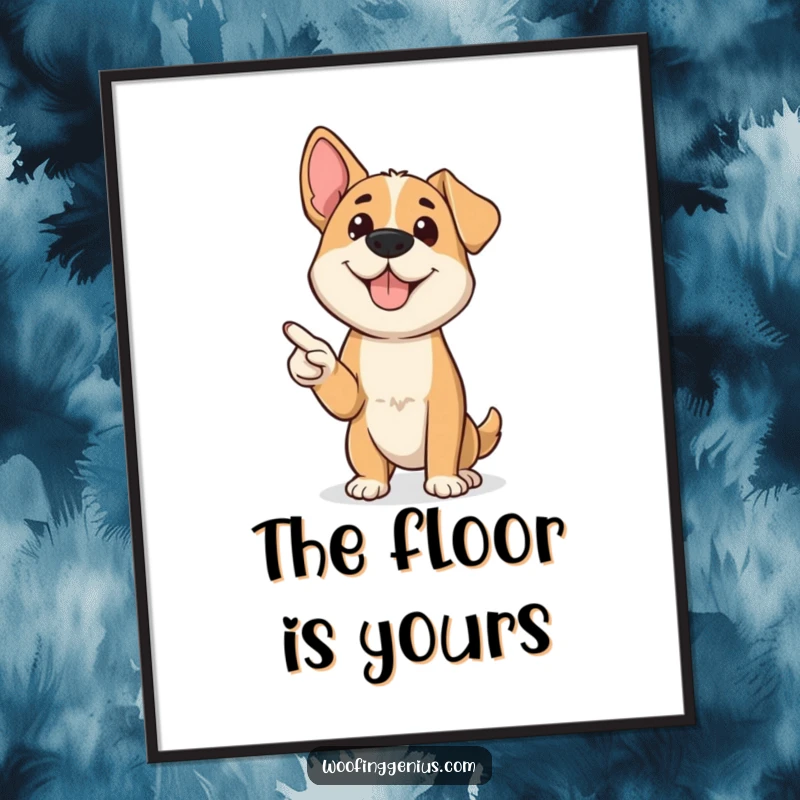 Funny dog confidently using a miniature pointer to present information, a humorous and motivational wall art.