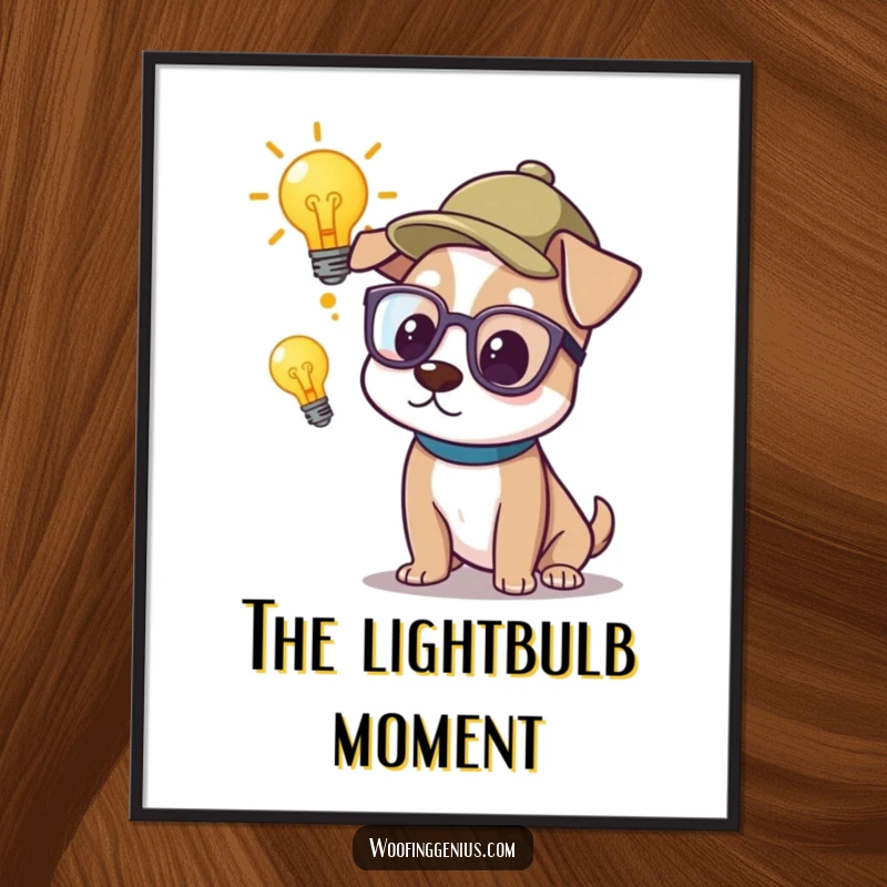 Funny Poster: A dog in a thinking cap and glasses looks intently at a glowing lightbulb, representing a moment of profound thought.