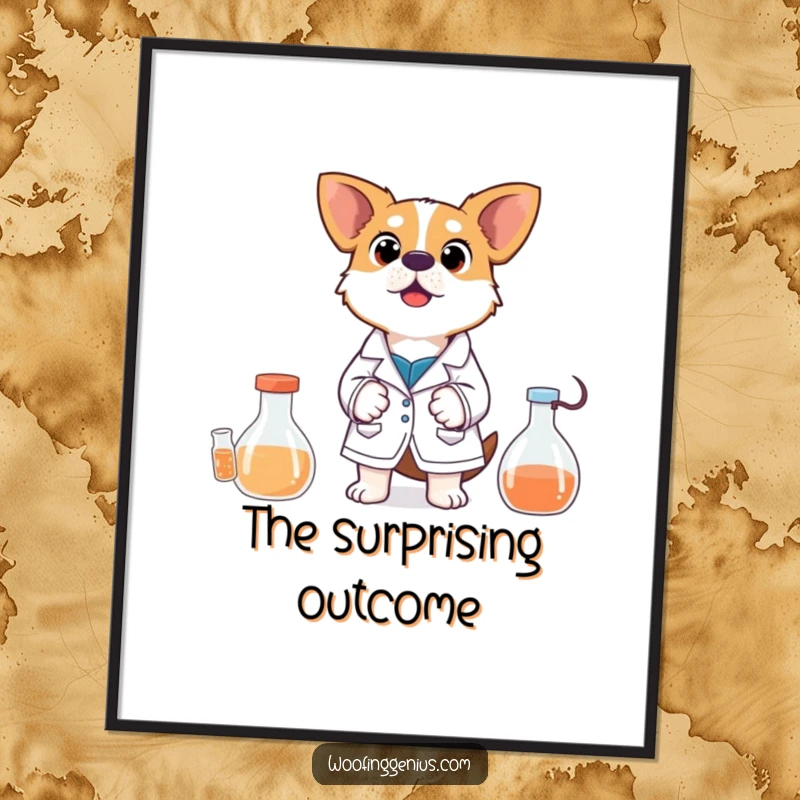 Funny Poster: A dog wearing a lab coat looks astonished by an experiment's surprising and chaotic outcome, a humorous scientific scene.