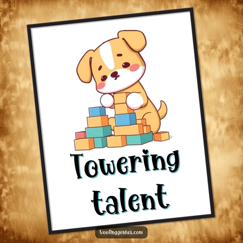 Funny Poster: Dog meticulously arranging building blocks into a towering structure, humorous wall art for creators.