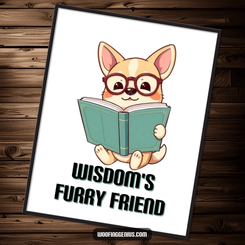 Funny dog wearing spectacles holding a huge ancient book, looking enlightened on a vibrant poster, radiating wisdom.