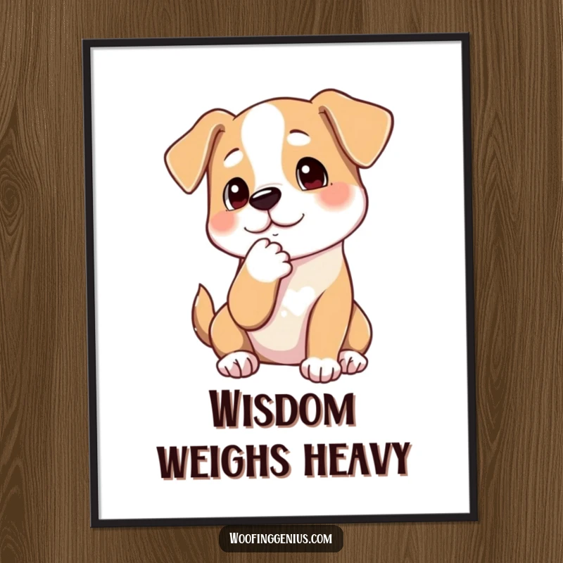 Funny poster artwork of a dog thoughtfully stroking its chin with a paw, exuding an aura of deep contemplation and wisdom.