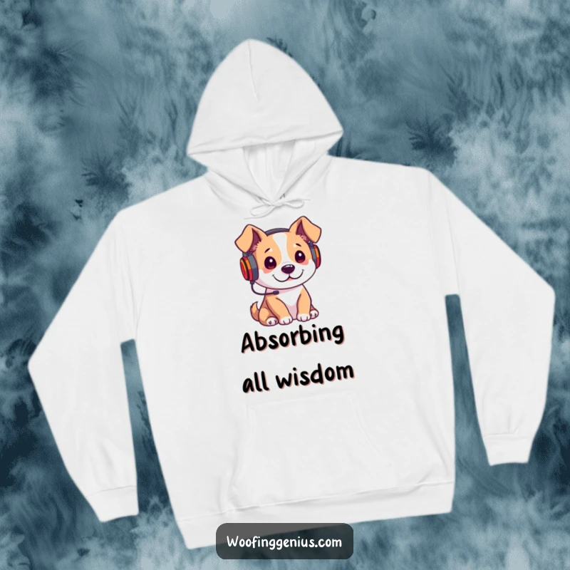 Funny hoodie with a dog wearing headphones, deeply focused on listening to a lecture, embodying studiousness.