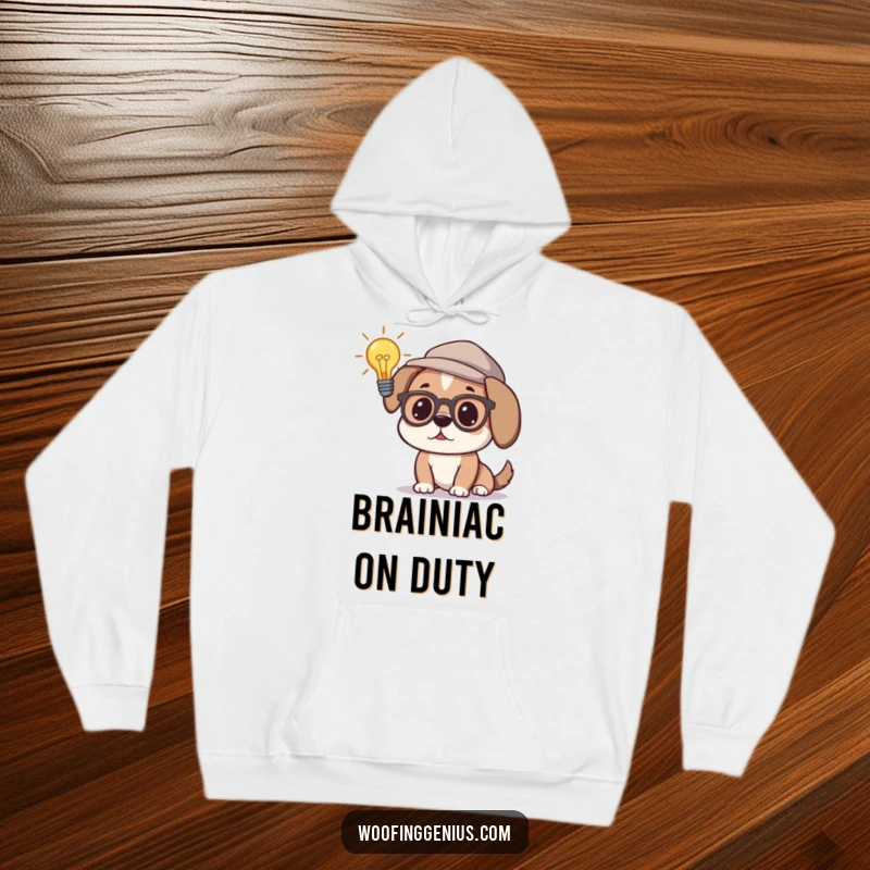 Funny hoodie design of an intelligent dog in glasses and a thinking cap, contemplating a lightbulb, symbolizing deep thought and creativity.