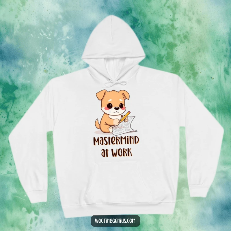 Funny hoodie design of an artistic dog sketching complex blueprints with a tiny pencil, symbolizing creativity and detailed craftsmanship.