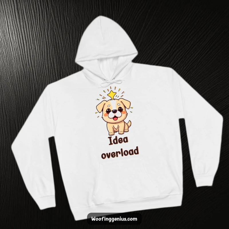 Funny hoodie depicting a dog having a Eureka moment with sparks radiating from its head.