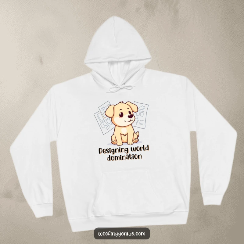 Funny hoodie depicting a dog engrossed in thought, surrounded by detailed blueprints and architectural drawings.