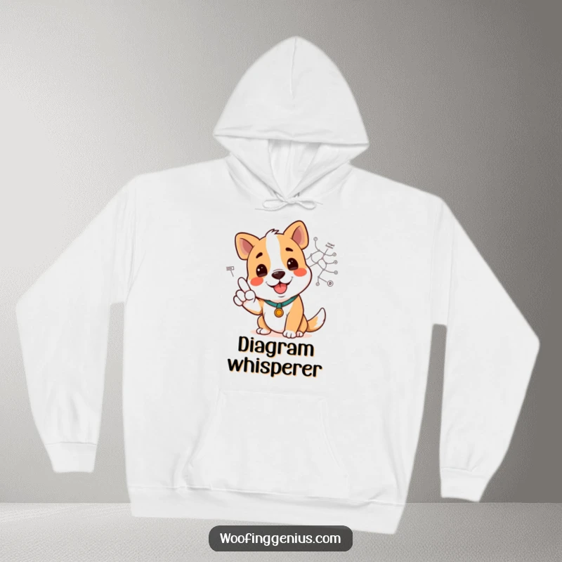 Funny dog in a hoodie, smiling and pointing to a complex diagram, radiating warmth and intelligence.