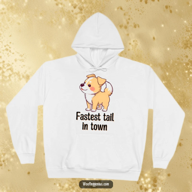 Funny hoodie showing a dog wagging its tail so hard that its entire body becomes a blur.