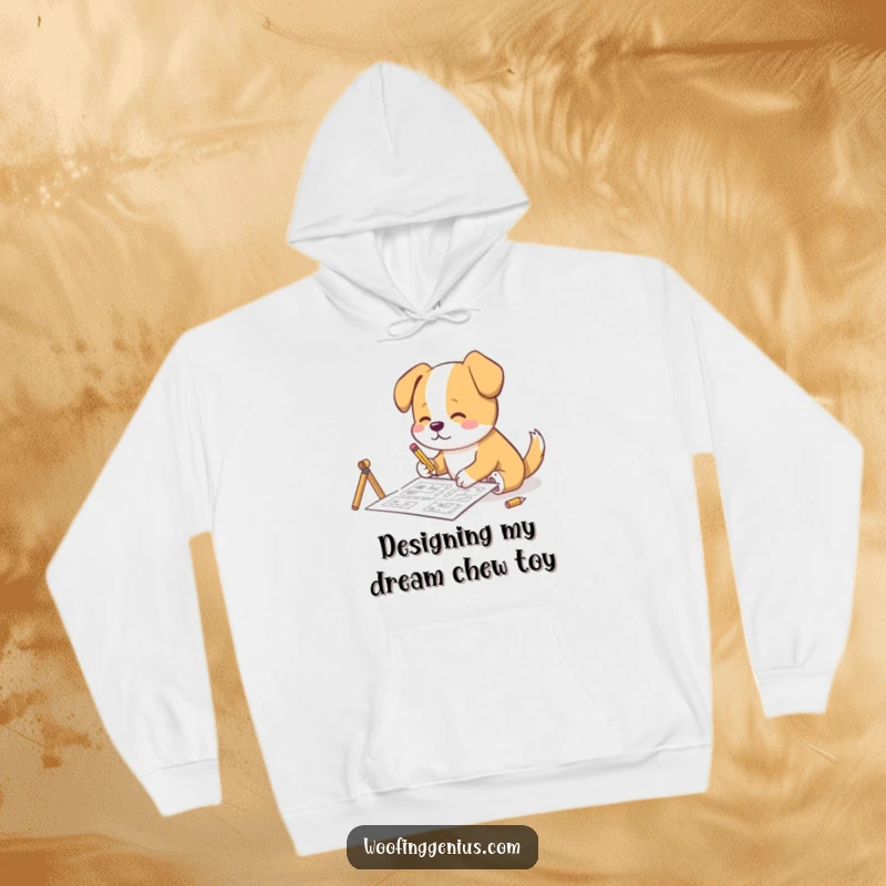 Funny Hoodie: A dog meticulously sketches complex architectural blueprints using a tiny pencil, highlighting creative planning.