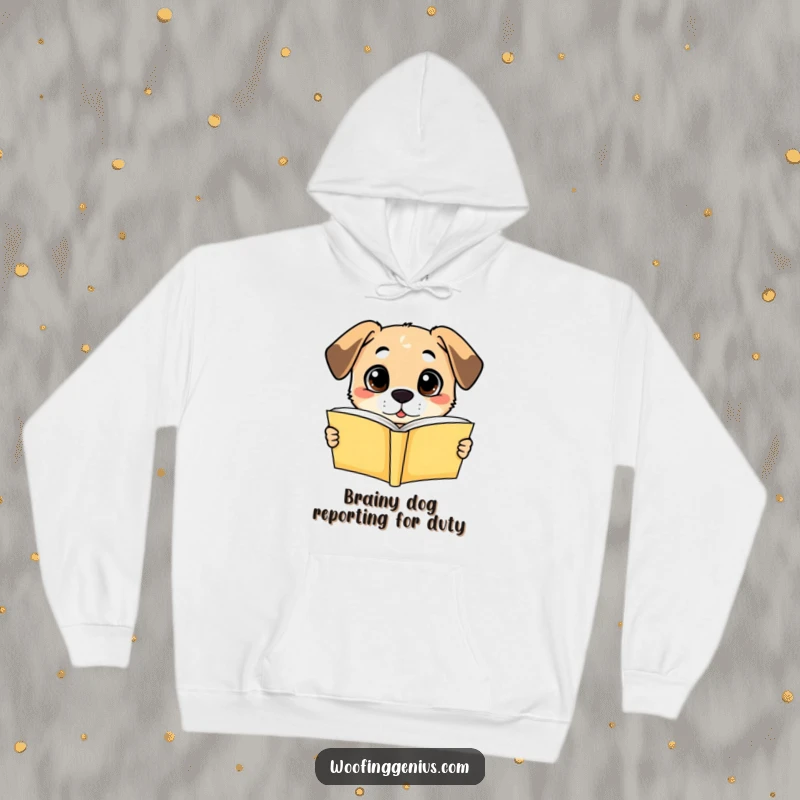 Funny hoodie: a dog with wide, amazed eyes intensely focused on an open book, symbolizing profound understanding.