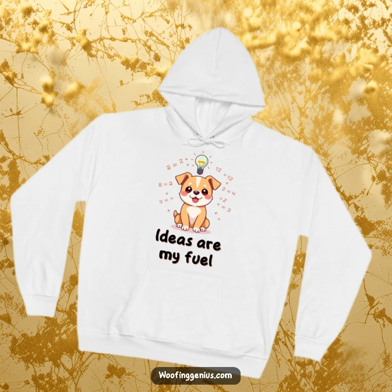 Funny dog hoodie featuring a dog amidst floating equations, a glowing lightbulb overhead signifying a great idea.