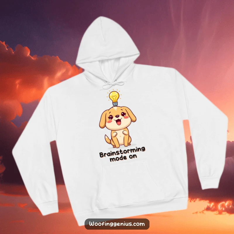 Funny dog hoodie showing a dog with a lightbulb, symbolizing an energetic and brilliant idea.