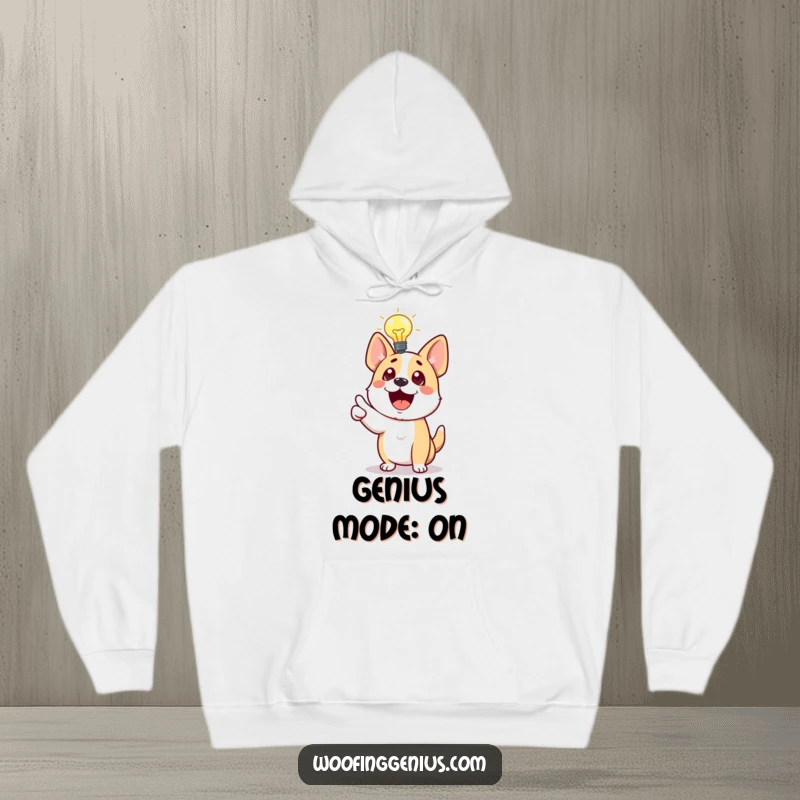 Funny Dog Hoodie featuring a happy dog with a lit lightbulb, excitedly pointing to a new idea, perfect for a humorous gift.