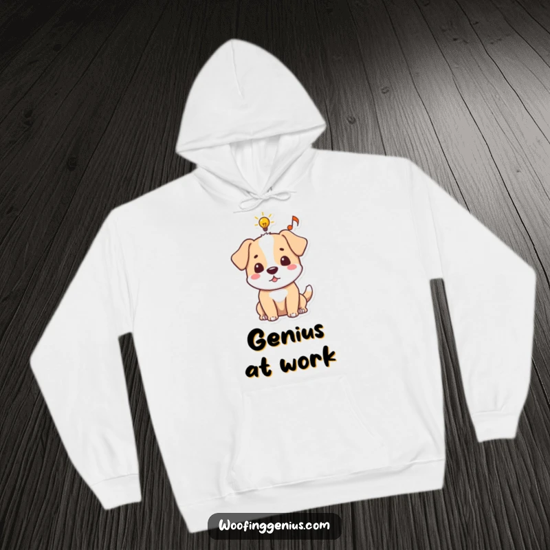 Funny dog hoodie with an idea bubble showing a lightbulb and musical note, signifying inspiration and musicality.