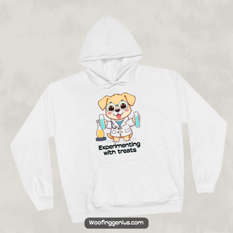 Funny hoodie depicting a dog wearing a lab coat and holding test tubes, a dedicated researcher.