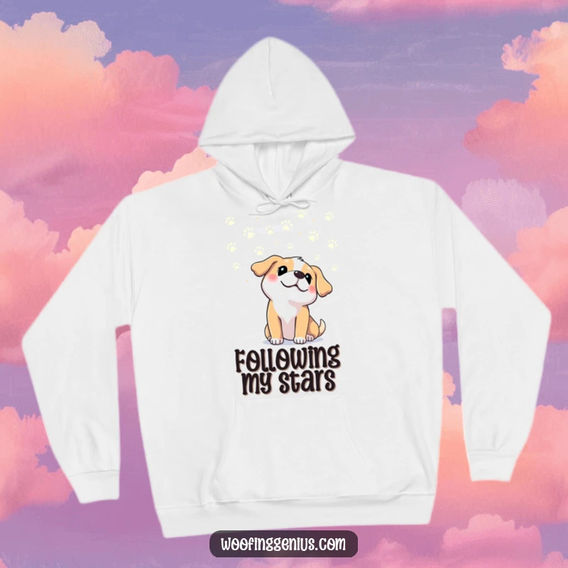 Funny dog gazing at paw print constellations in the sky, bringing cozy and funny cosmic vibes. Ideal funny gift hoodie.