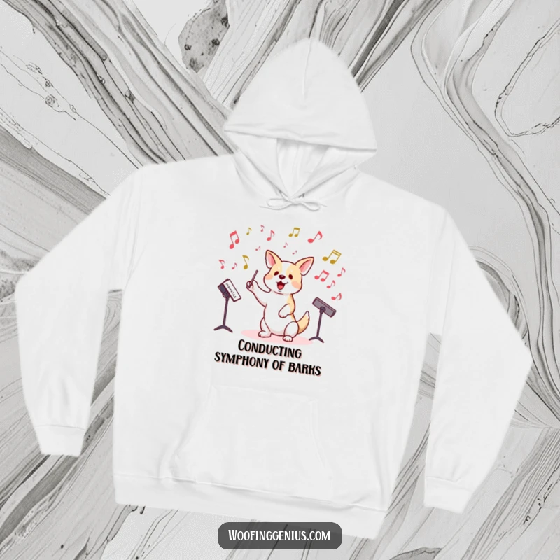 Funny hoodie depicting a dog conducting an orchestra of musical notes with passion.