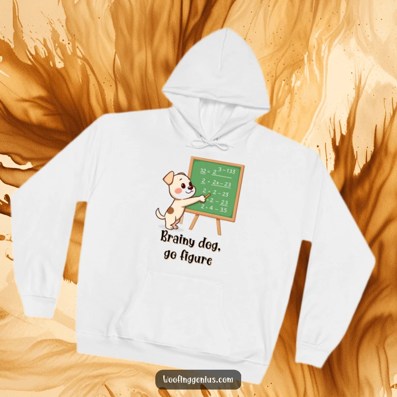 Funny hoodie depicting a wise dog pointing at a blackboard brimming with complex algebraic and calculus equations.