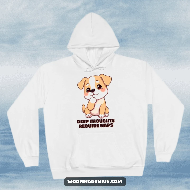 Funny hoodie showcasing a dog thoughtfully stroking its chin with a paw, embodying a pensive and philosophical mood.