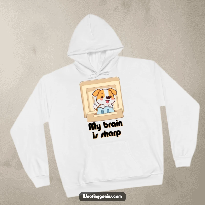 Funny hoodie showcasing a smiling dog skillfully navigating and solving a challenging puzzle maze, symbolizing intelligence and success.